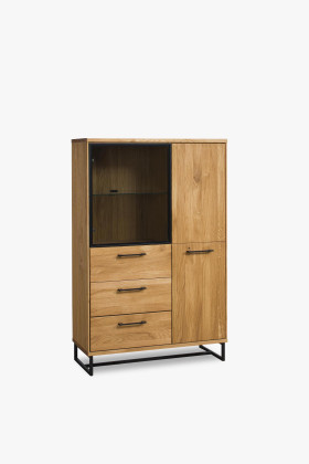 Loft tölgyfa üveges komód fekete fém lábakkal, ipari stílusú